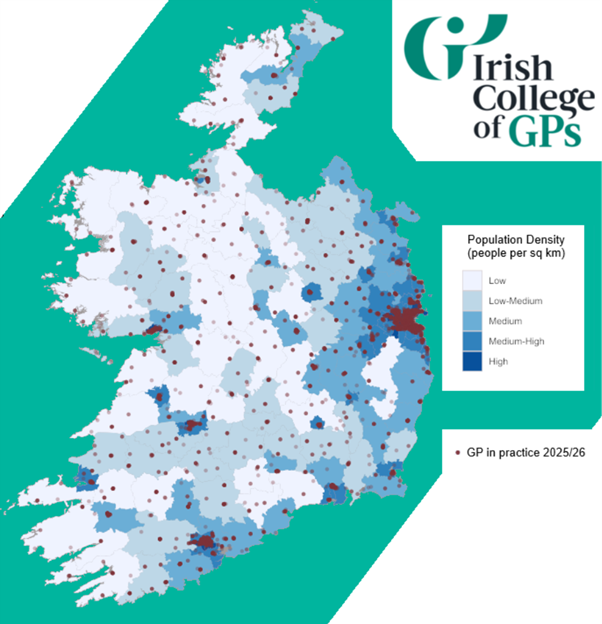Map of Current Irish GP practice locations (Irish College of GPs Internal Professional Competence Scheme database), overlaid on population density at Local Electoral Area (LEA) level (Central Statistics Office)